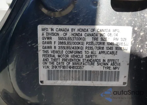 2004 Honda Pilot Lx z USA, uszkodzony, nr VIN 2HKYF18174H613357